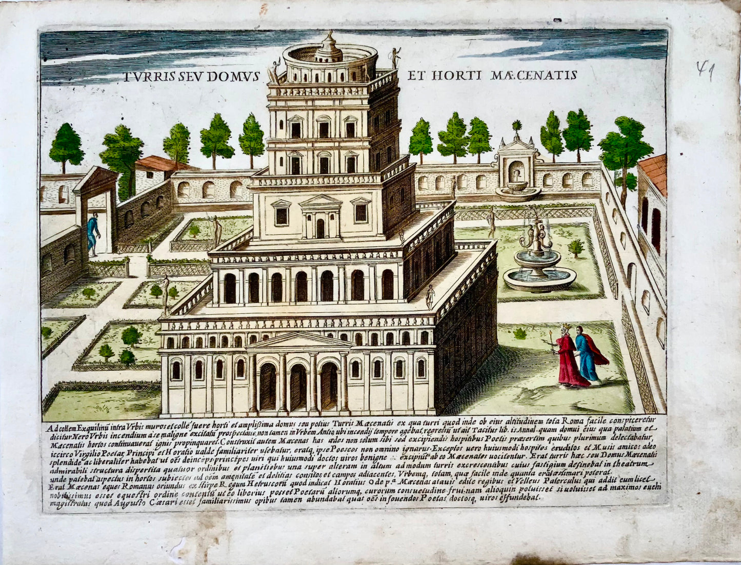 1624 G. Laurus, Gardens at Maecenas, Rome, Italy engraving