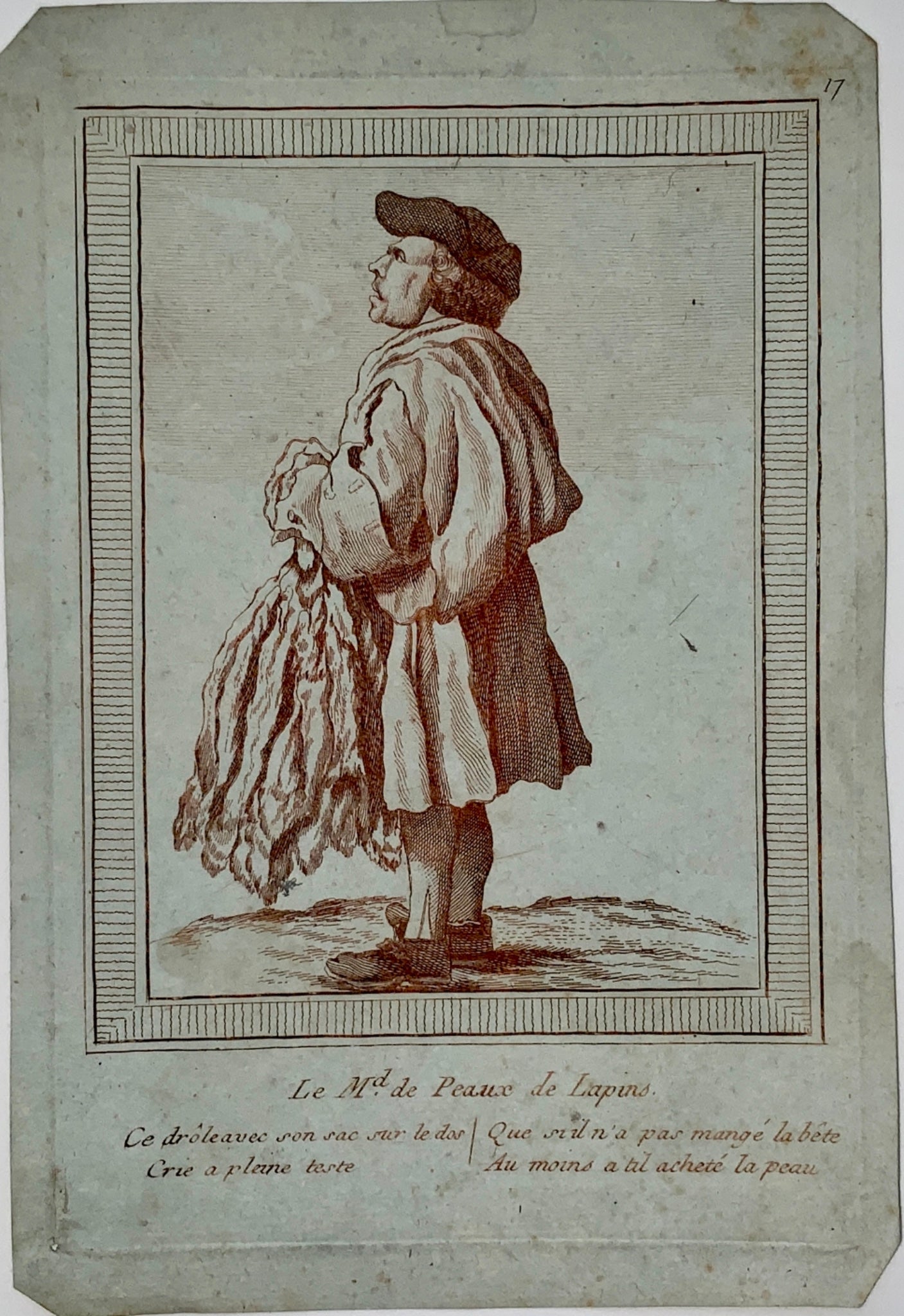 Ca 1760 scarce anonymous sepia engraving of a RABBIT SKIN SELLER - Trade