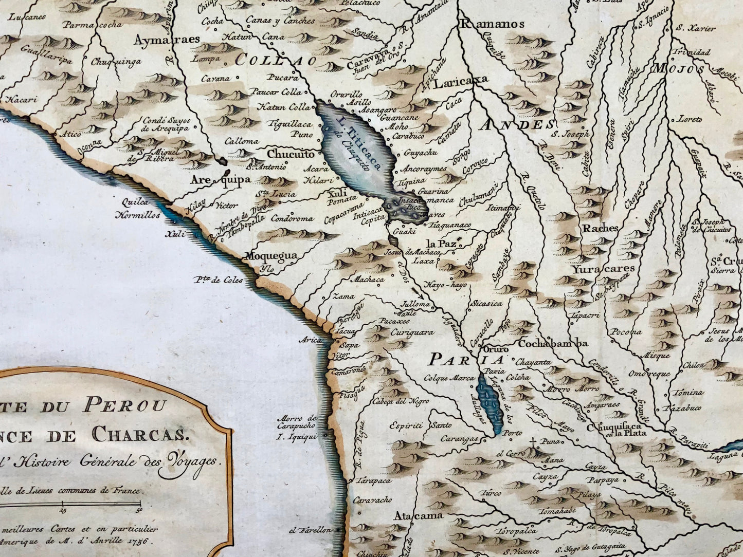 1771 Bellin, Krevel, mappa, Perù e Cile, mappa colorata a mano