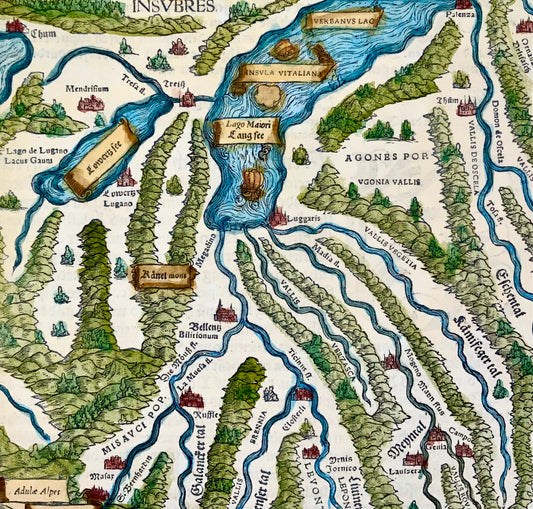 1548 Joh. Stumpf, Southern Switzerland, Tessin, Valais, folio woodcut map