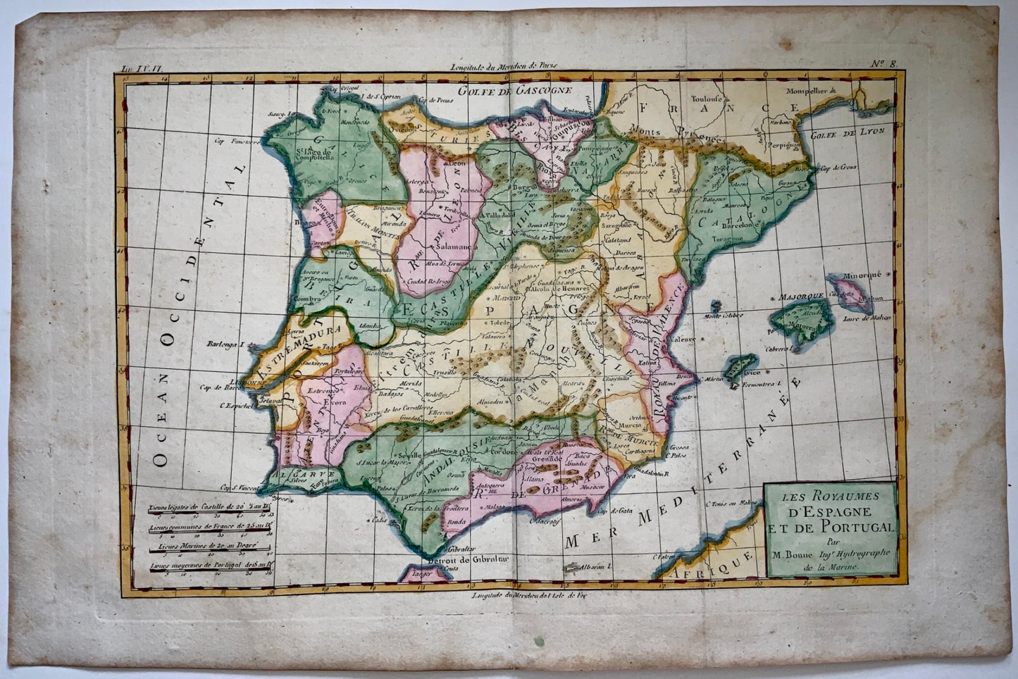 1780 Bonne - Spain & Portugal - hand coloured engraved map