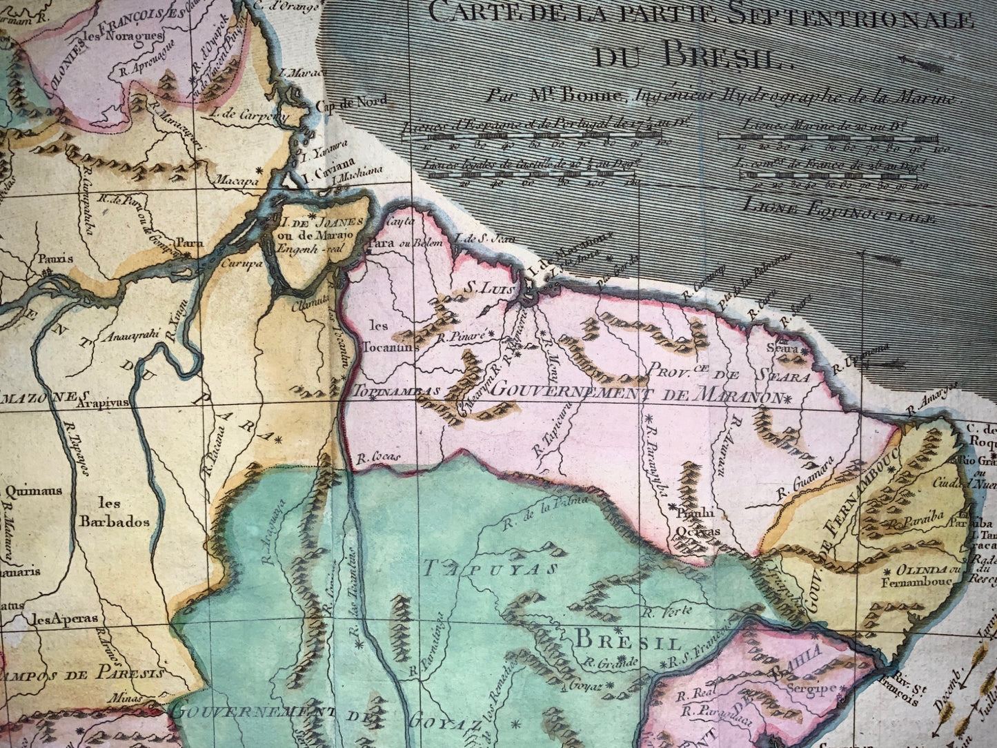 1780 Bonne - BRAZIL: Brésil et Pays des Amazones - hand coloured engraved map