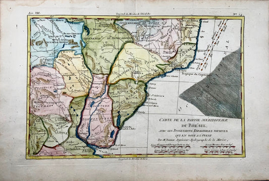 1780 Brazil, Brésil, Spanish possessions, Bonne, hand coloured engraved map