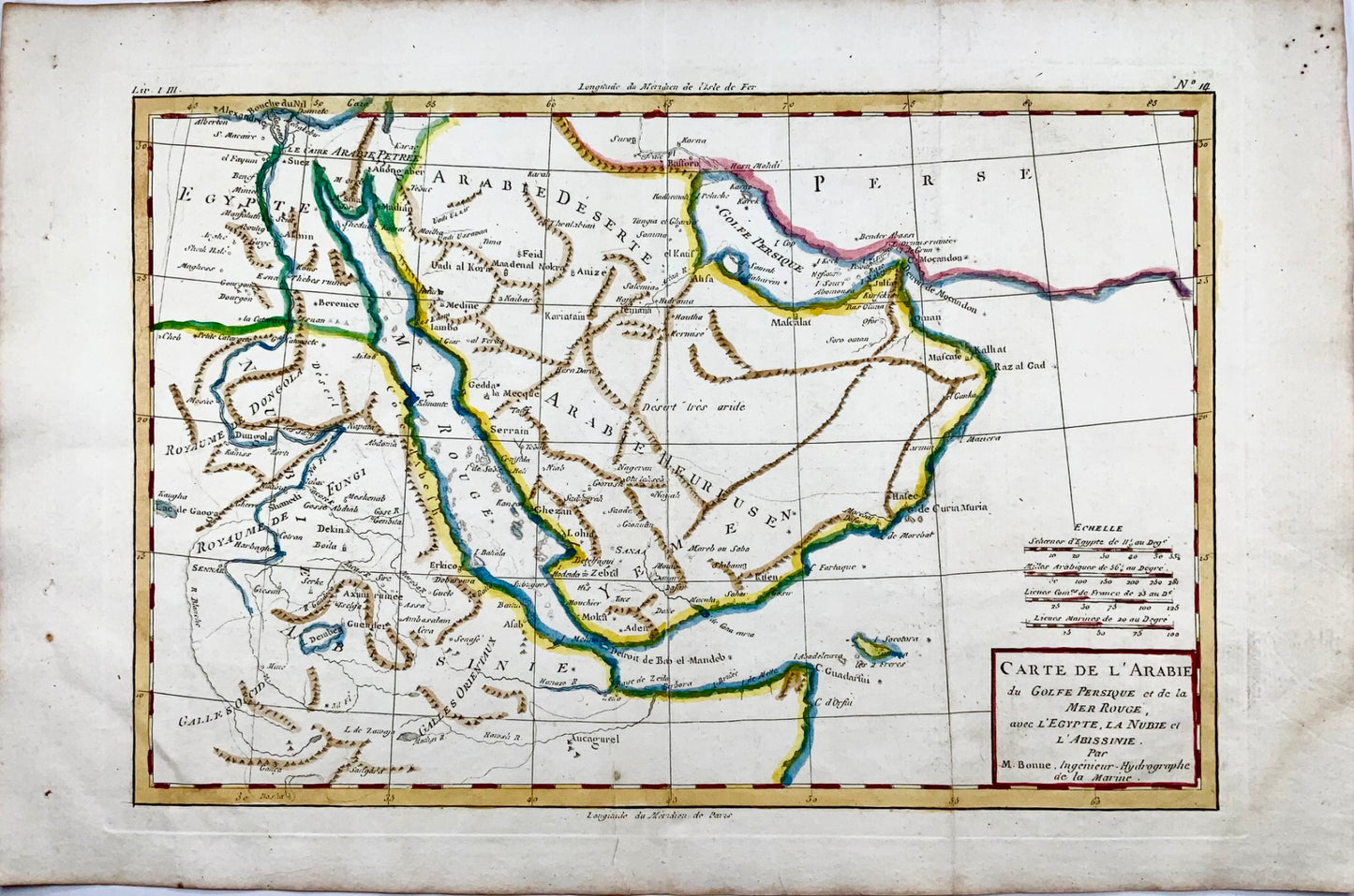 1780 Bonne, map of Middle East, Persia, Red Sea, Egypt, Nubia hand coloured