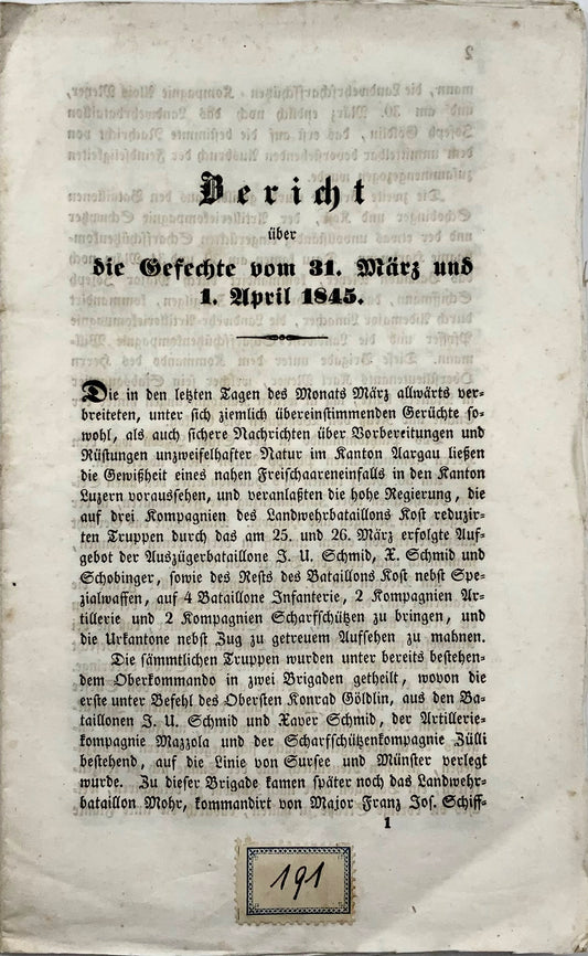 1845 L. Von Sonnenberg, revolt in Lucerne, Switzerland