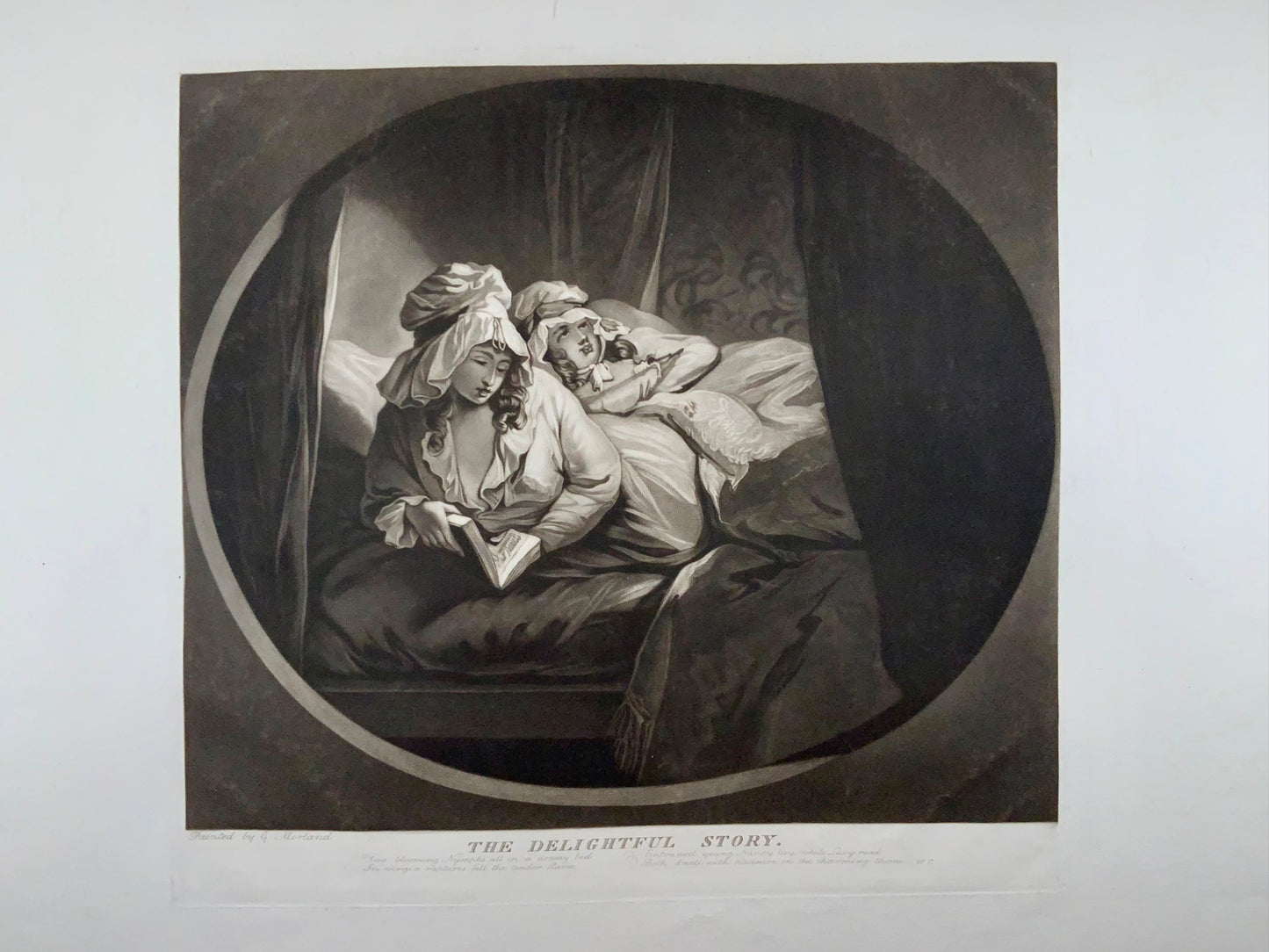 1787 The Delightful Story, grande manière noire de William Ward d'après George Morland, art classique