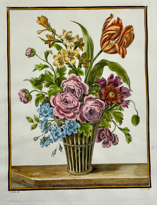 1780 Bouquet floral printanier, Louis Tessier, folio, tulipe, poésie, coloré à la main