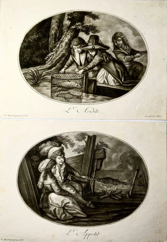 1780c J.M. Daenzel, Haid, L’Appetit, L’Avidite, fish, food, 2 stipple engravings
