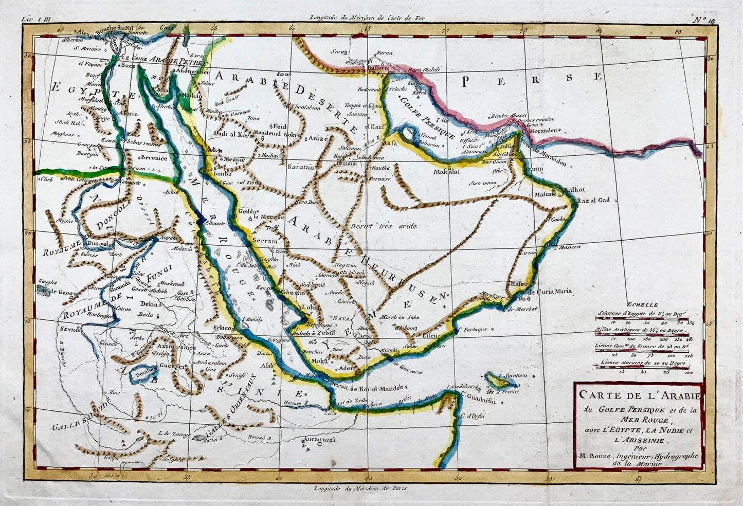 1780 Bonne, carte du Moyen-Orient, de la Perse, de la Mer Rouge, de l'Egypte, de la Nubie colorée à la main