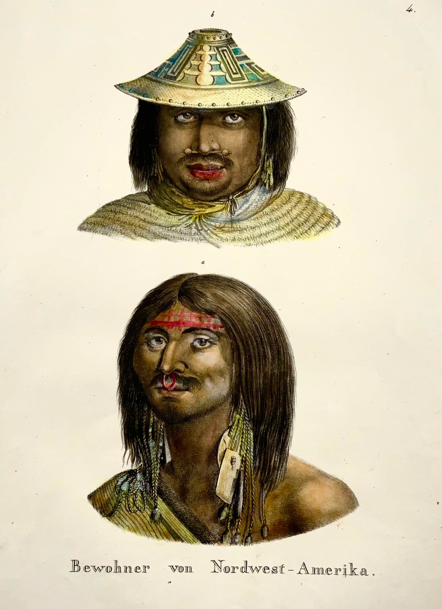 1824 Nativi americani NW - Litografia in pietra FOLIO colorata a mano di KJ Brodtmann - Etnologia