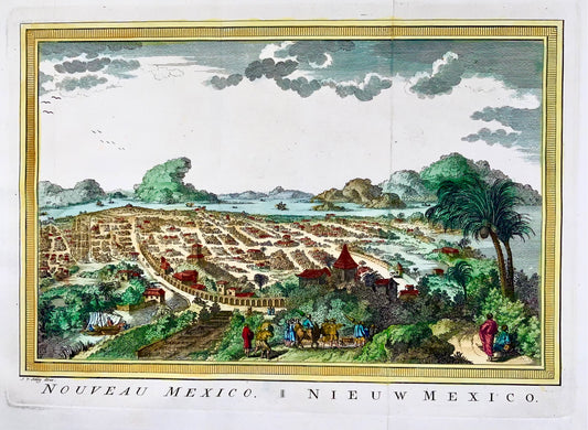 1780 JV Schley, Mexico, paysage urbain, gravure sur cuivre colorée à la main