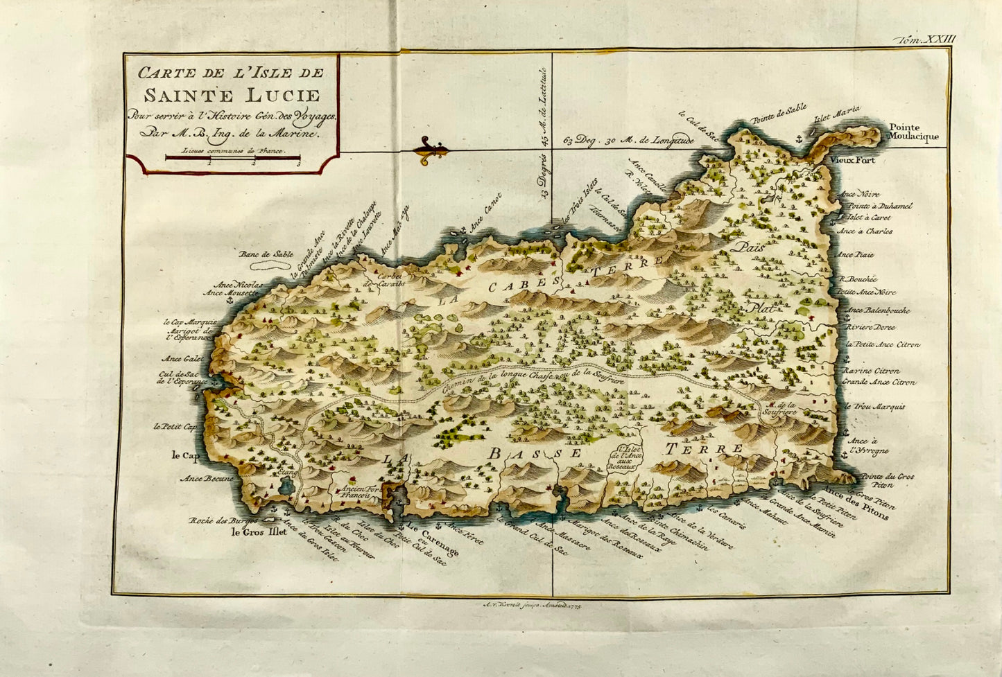 1775, Jacques Nicolas Bellin, St Lucia, Indie occidentali, mappa colorata a mano, topografia straniera