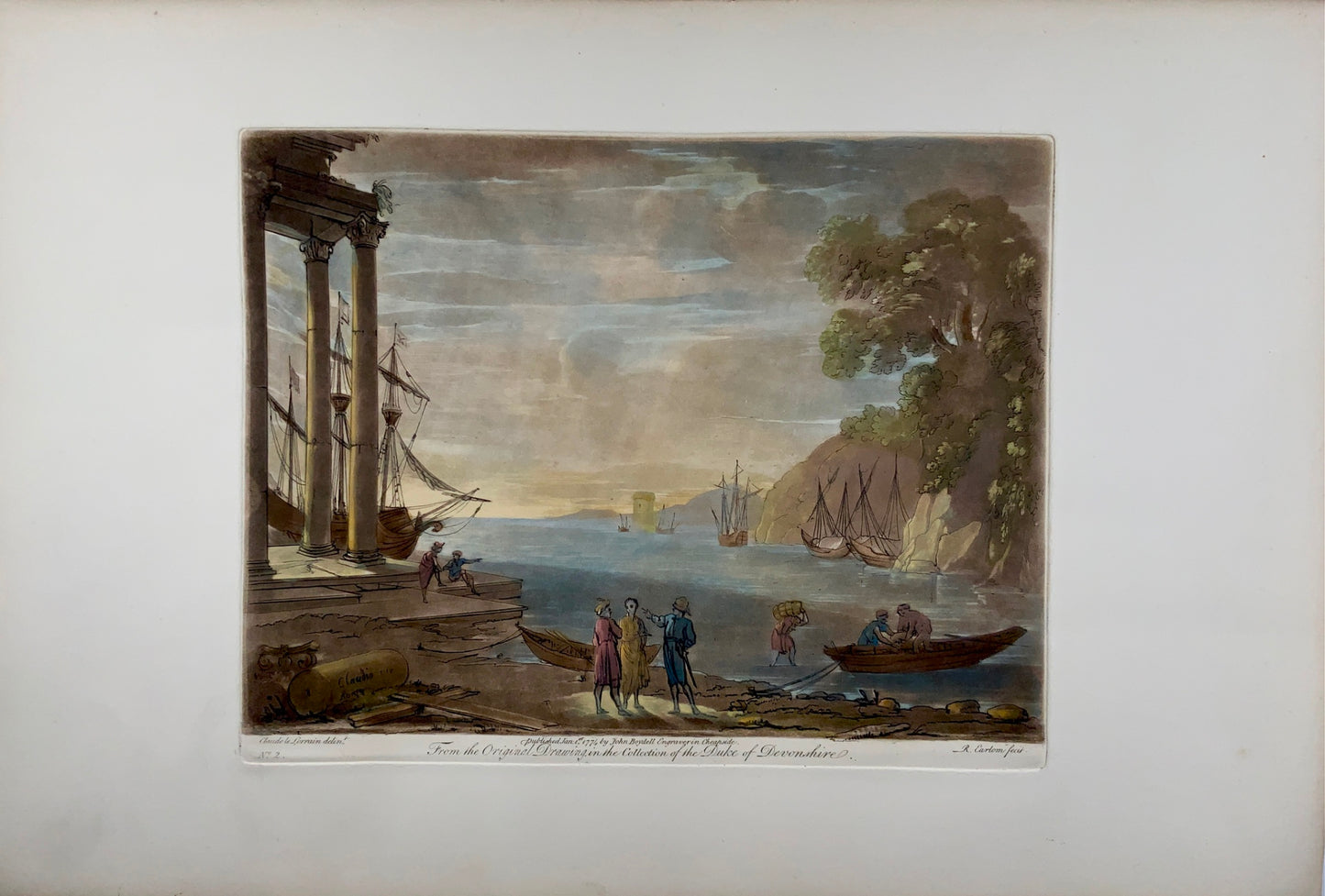 1774 Richard Earlom secondo CLAUDE LORRAIN - Veduta del porto in Italia - Carta di grandi dimensioni - Topografia, incisione magistrale