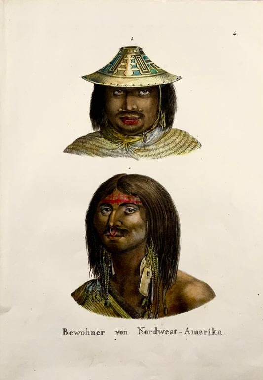 1824 Nativi americani NW - Litografia in pietra FOLIO colorata a mano di KJ Brodtmann - Etnologia