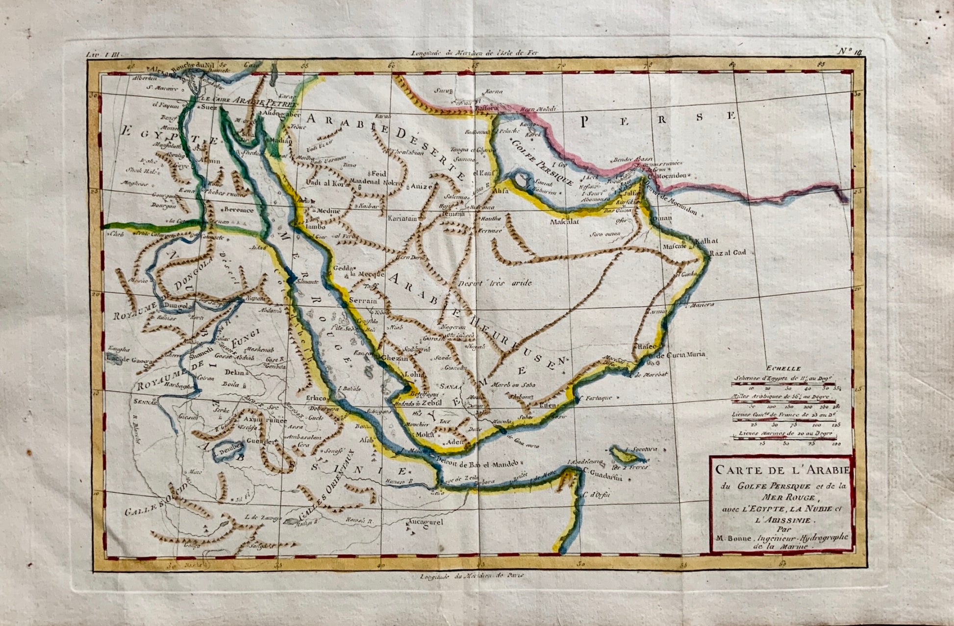 1780 Bonne - Antique Map of ARABIA Yemen Egypt Saudi Arabia - Handcoloured
