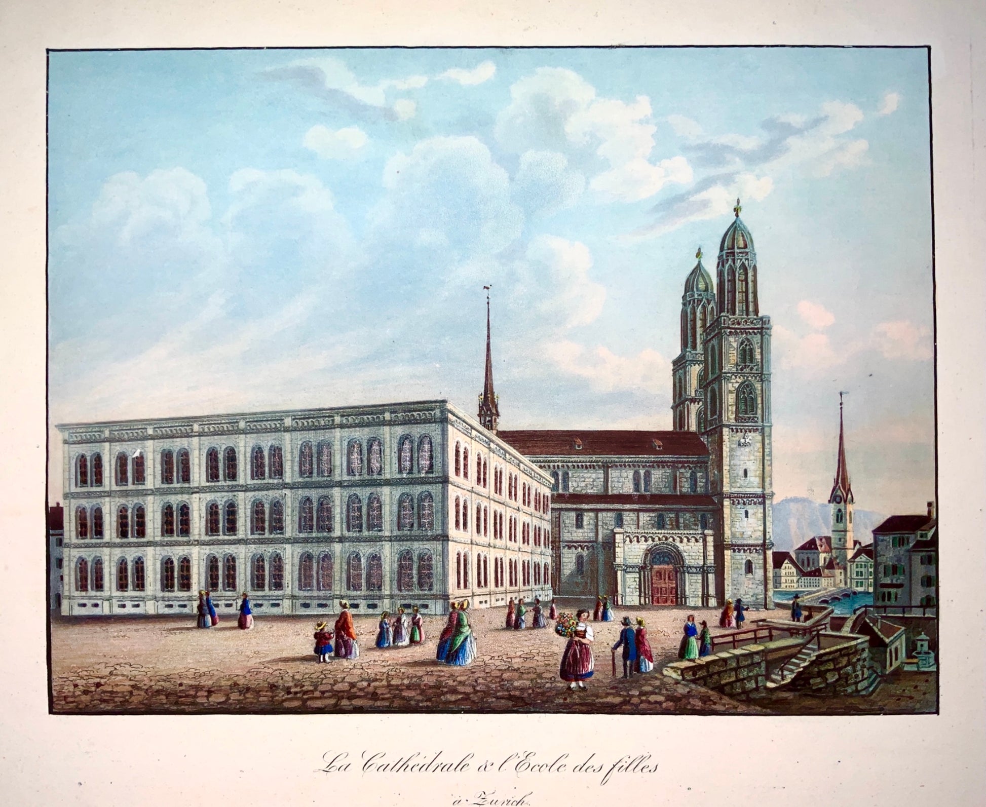 1839 Leuthhold - Large hand coloured aquatint Cathedral at Zurich Switzerland