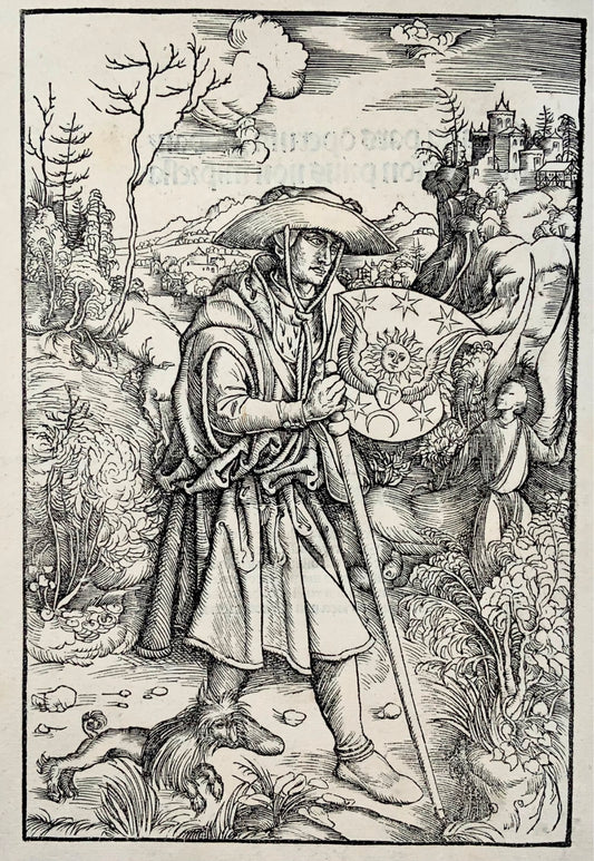 1502 attribué à Albrecht Dürer, Le Prilgrim avec son chien, gravure sur bois in-folio