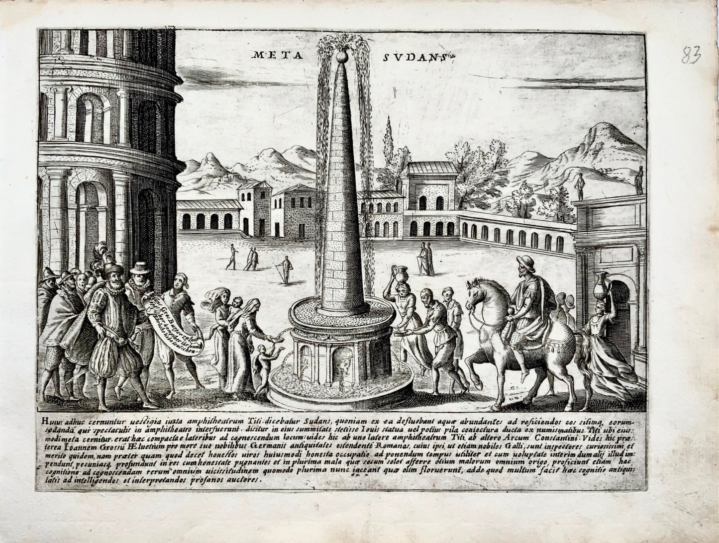 1624 Lauro, Meta Sudans, near Colosseum, Rome Italy, Copper engraving
