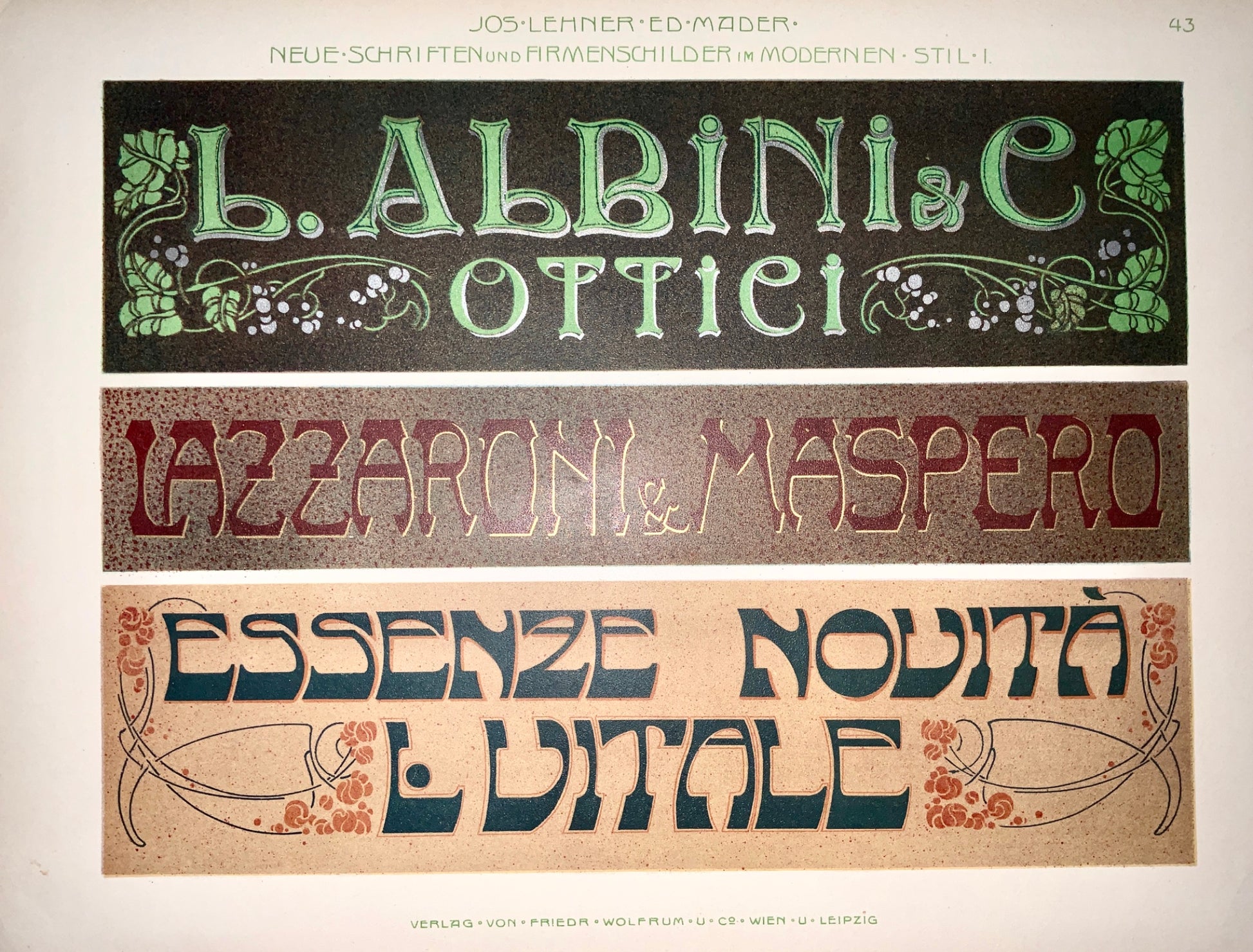 1890 JUGENDSTIL ADVERTISING Typography Italian Style - Lehner Mader 45 cm