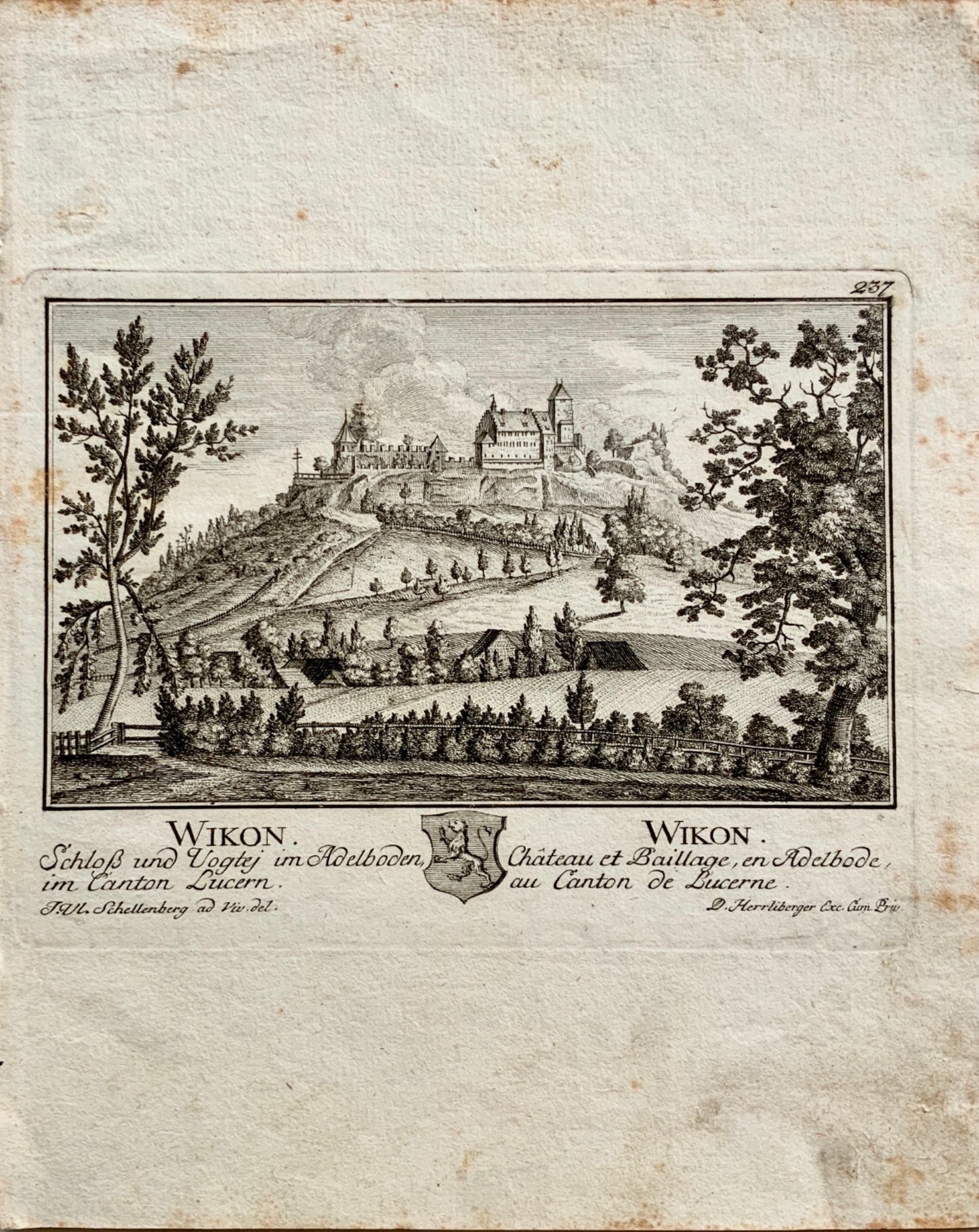 1754 David Herrliberger; Schellenberg engraving Castle WIKON Lucerne Switzerland