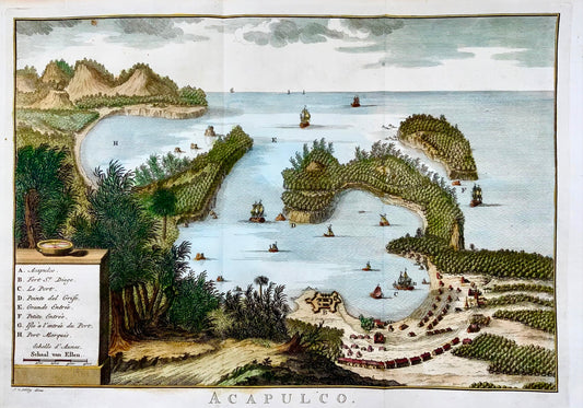 1757 Carte panoramique de la baie d'Acapulco, Mexique, couleur à la main, Schley