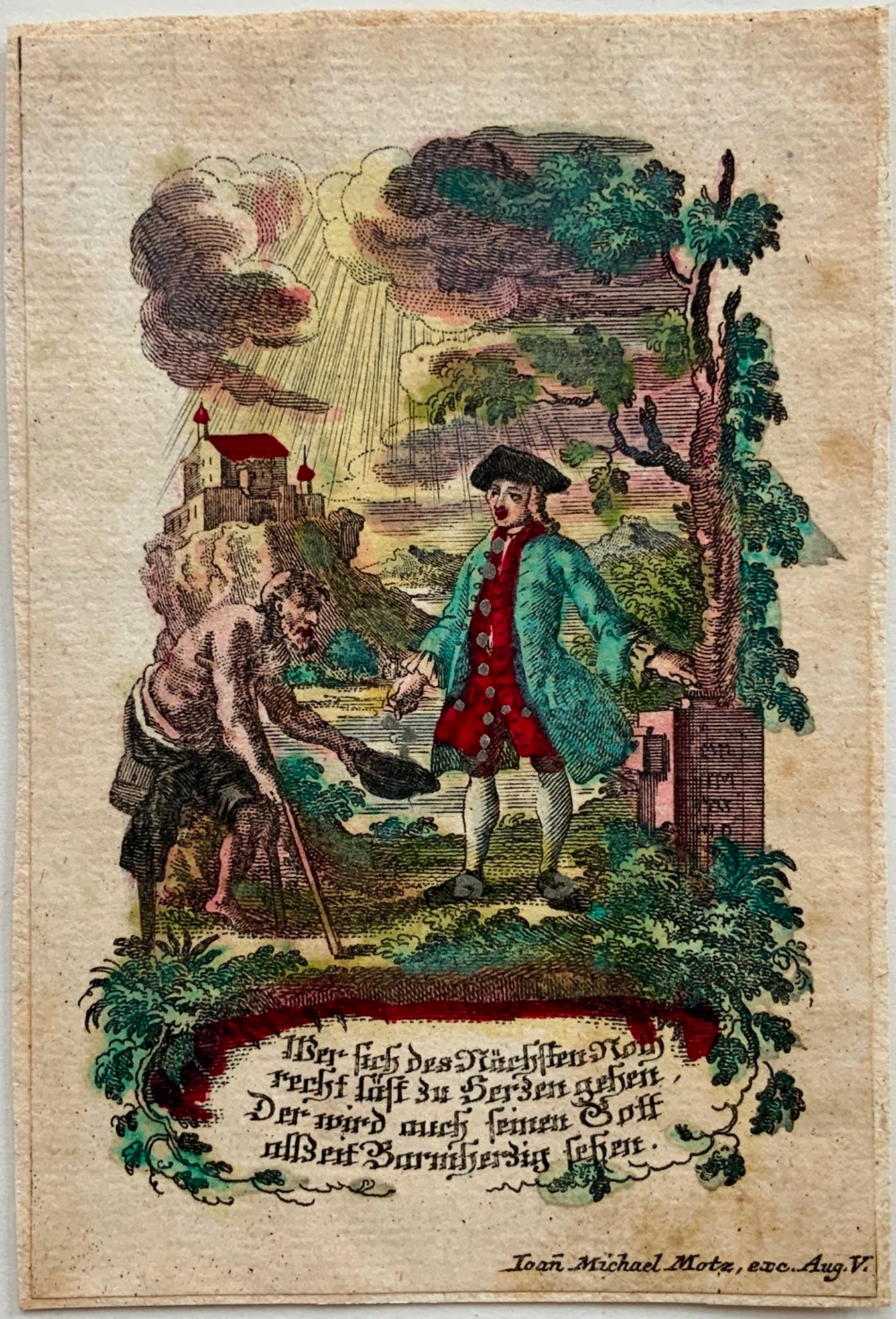1730 COMPASSION rare devotional card by Johann Michael Motz, hand coloured