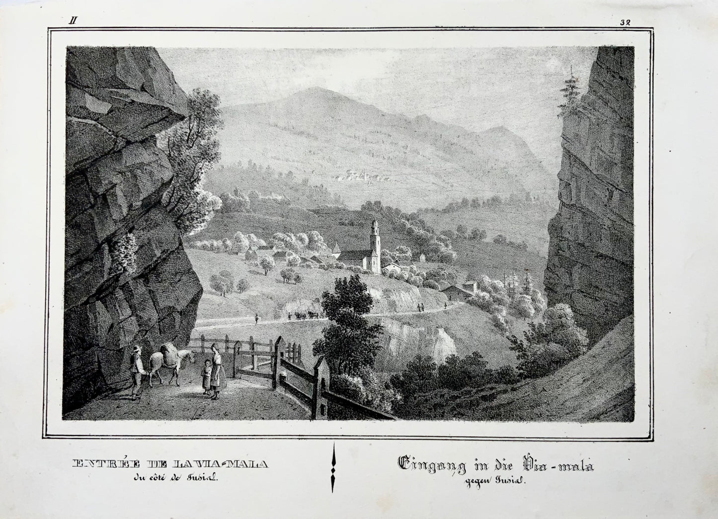 1838 Zillis, Graubunden, Via Mala in Switzerland, early stone lithograph