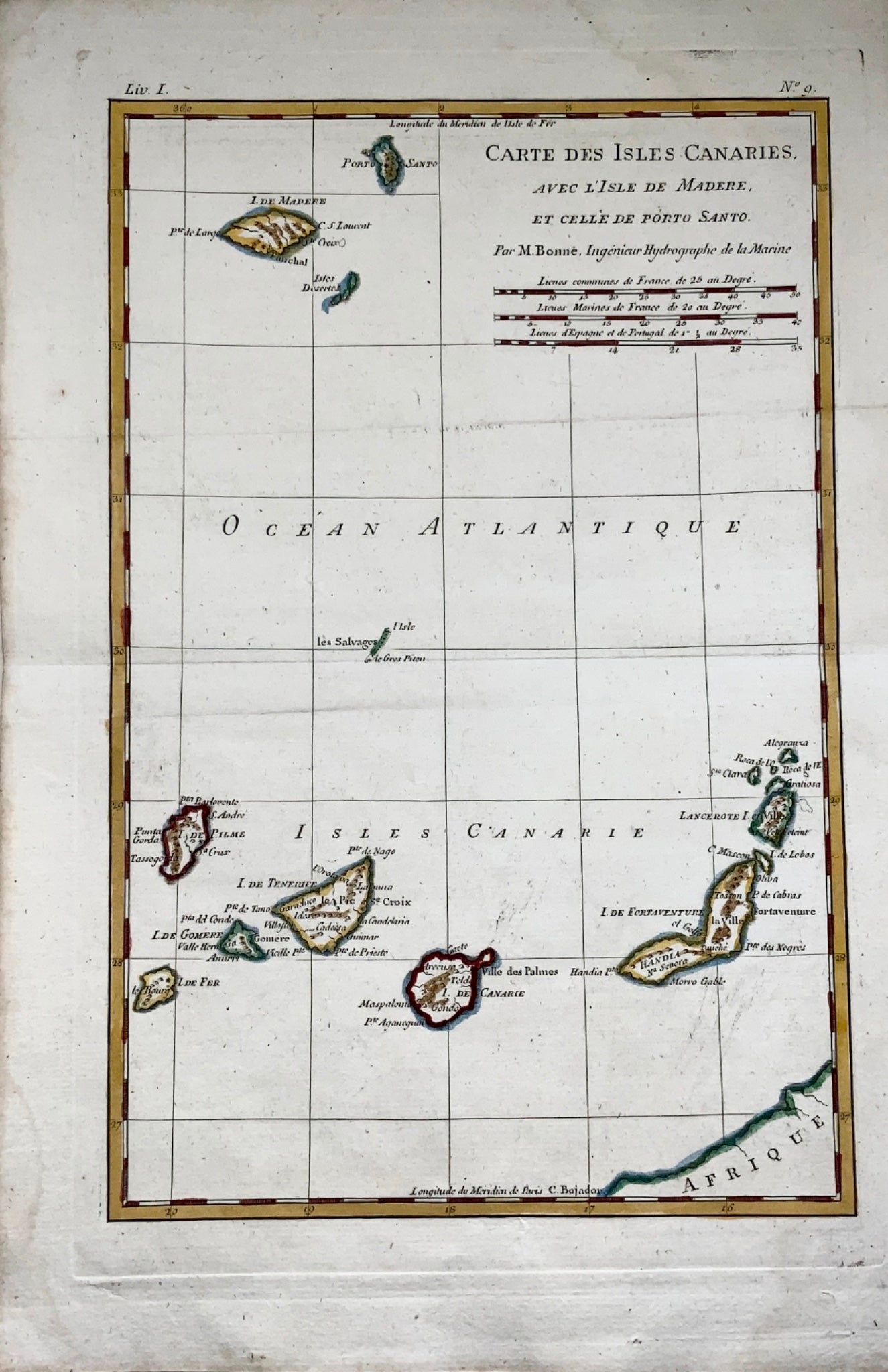 1780 Bonne - Antique Map Carte Des Isles Canaries Canary Islands - Handcoloured