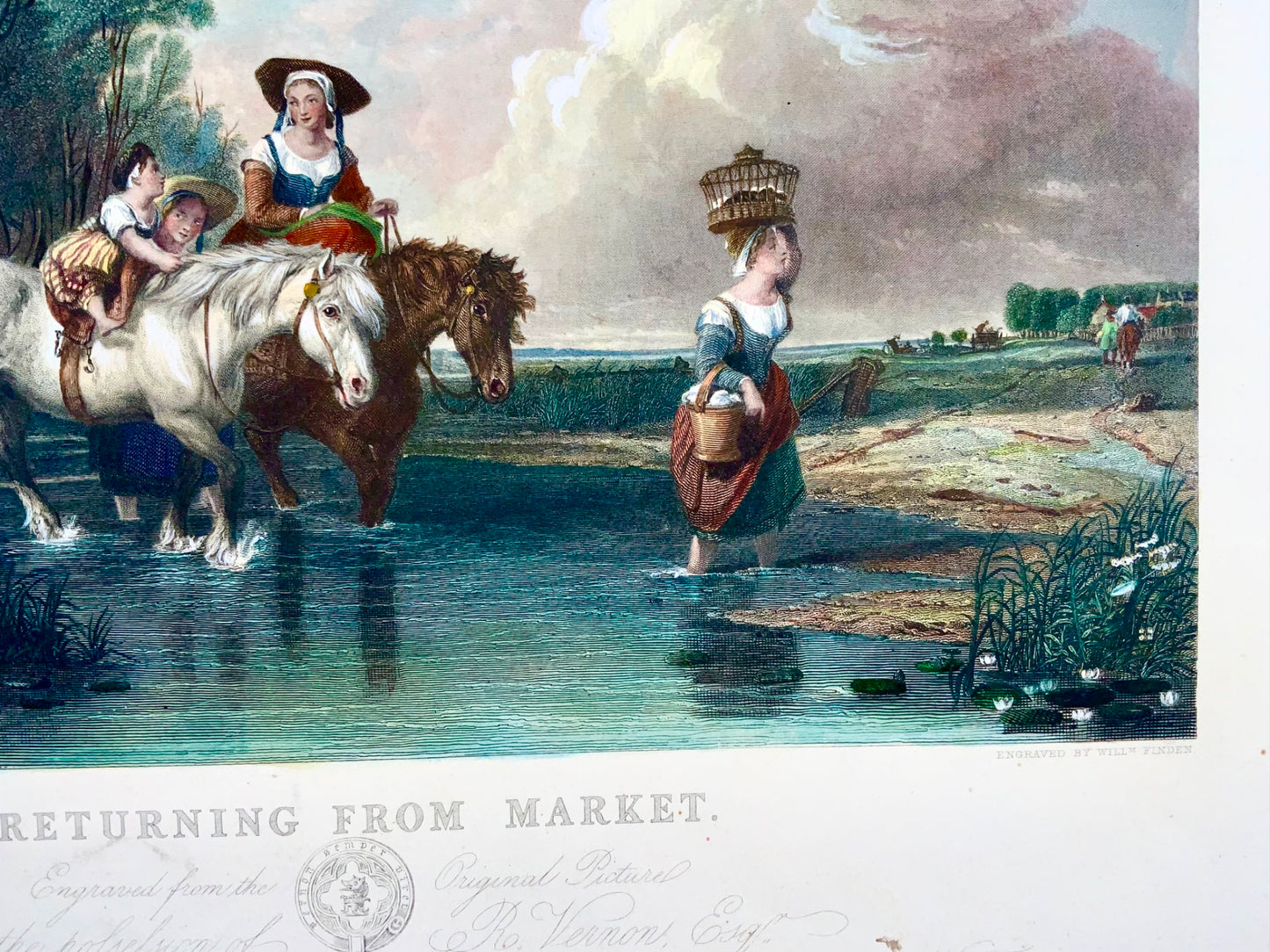1845 Returning from Market, A.W. Calcott, very large 55cm coloured engraving, landscape