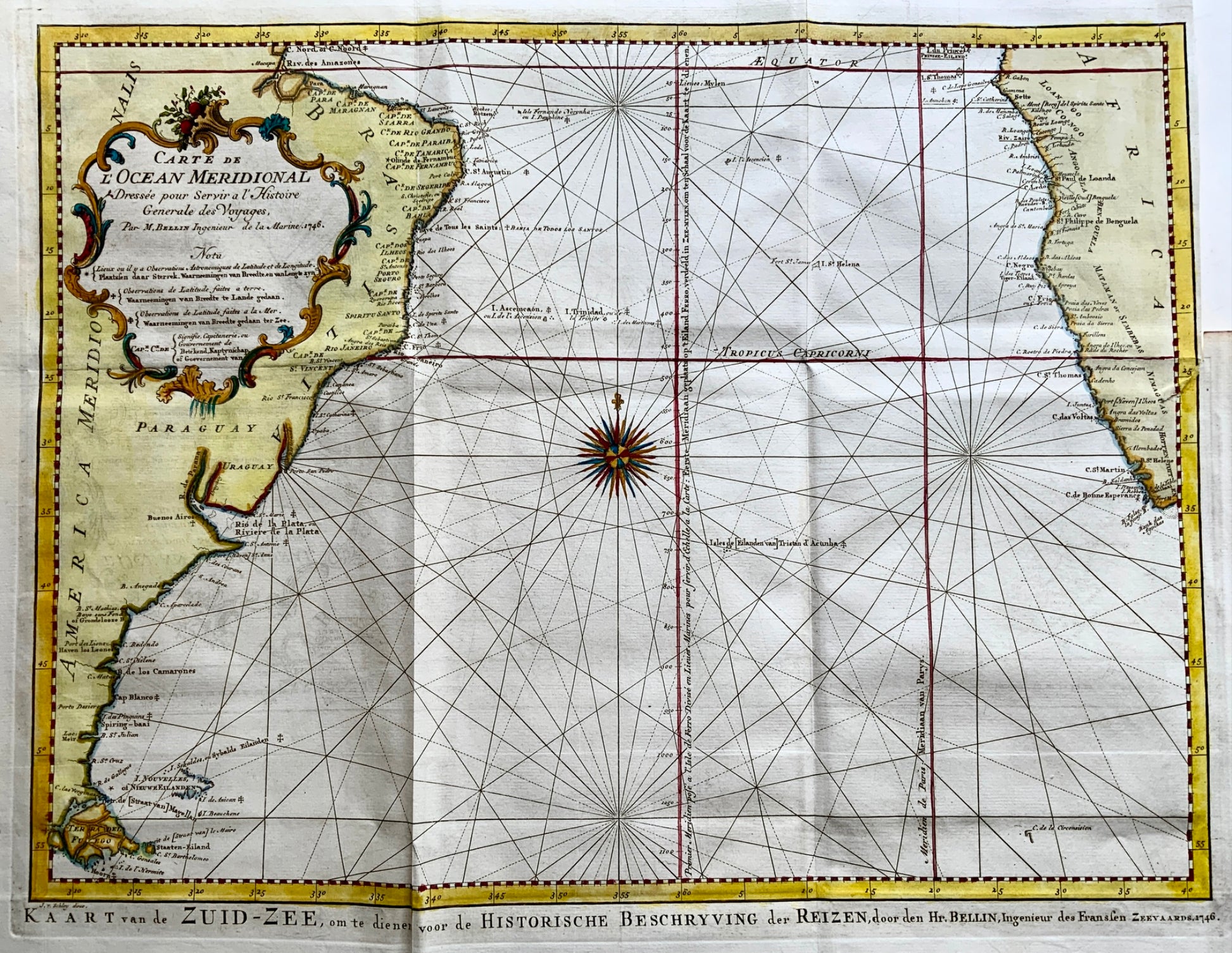 1756 J.N. Bellin; Schley: SOUTH ATLANTIC OCEAN Large hand coloured map