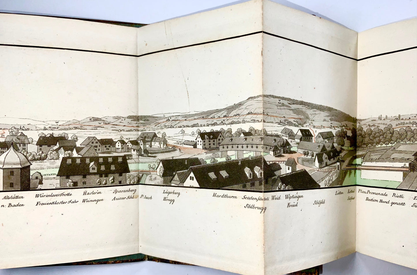 1810 H. Keller, Svizzera, acquatinta panoramica Zurigo mano col. 139cm