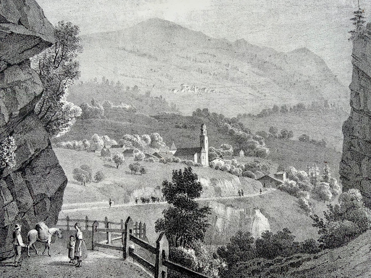 1838 Zillis, Graubunden, Via Mala in Switzerland, early stone lithograph