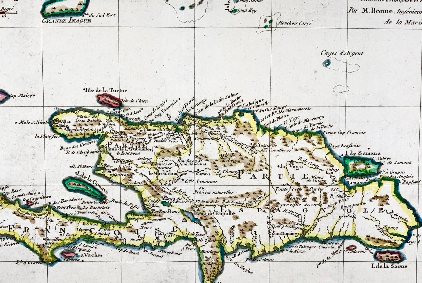 1780 Bonne, map of Hispaniola, Dominican Republic, Haiti, Antilles hand coloured