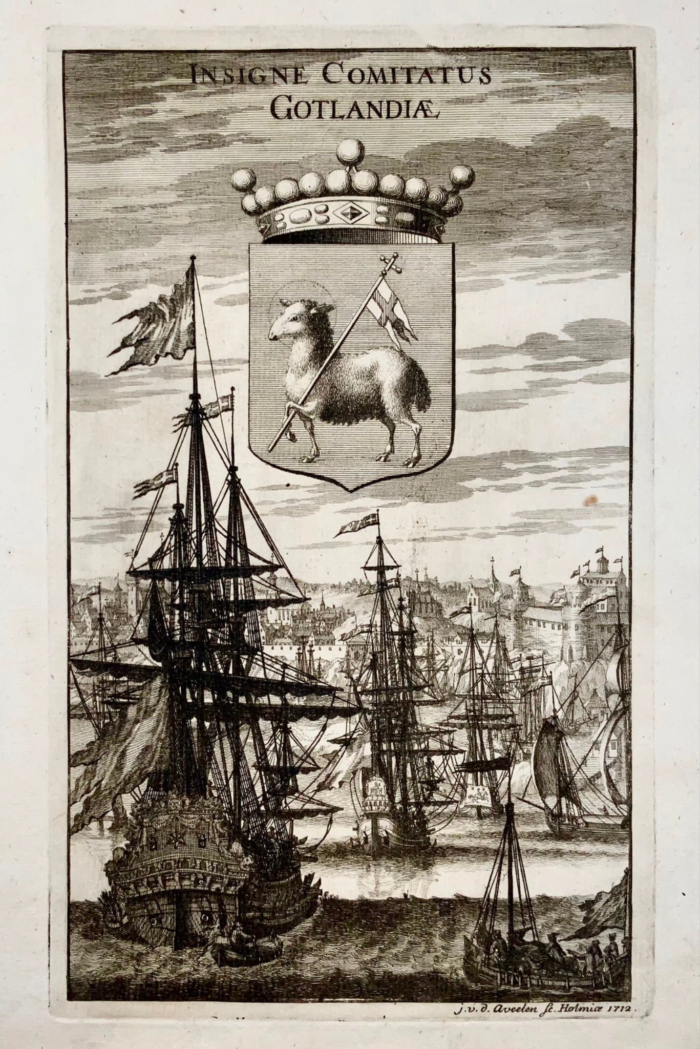 1712 Aveelen, navi nel vecchio porto di Visby, stemma di Gotland, marittimo