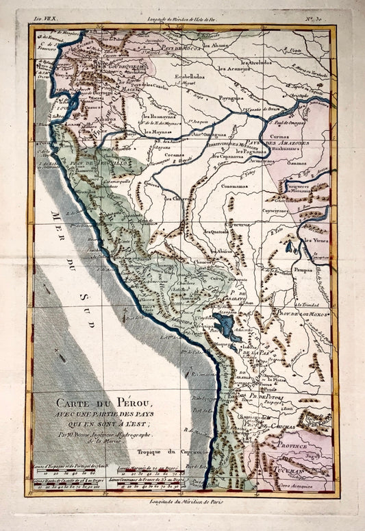 1780 Bonne - Antique Map PERU ‘Carte du Pérou’ Amazon - Handcoloured
