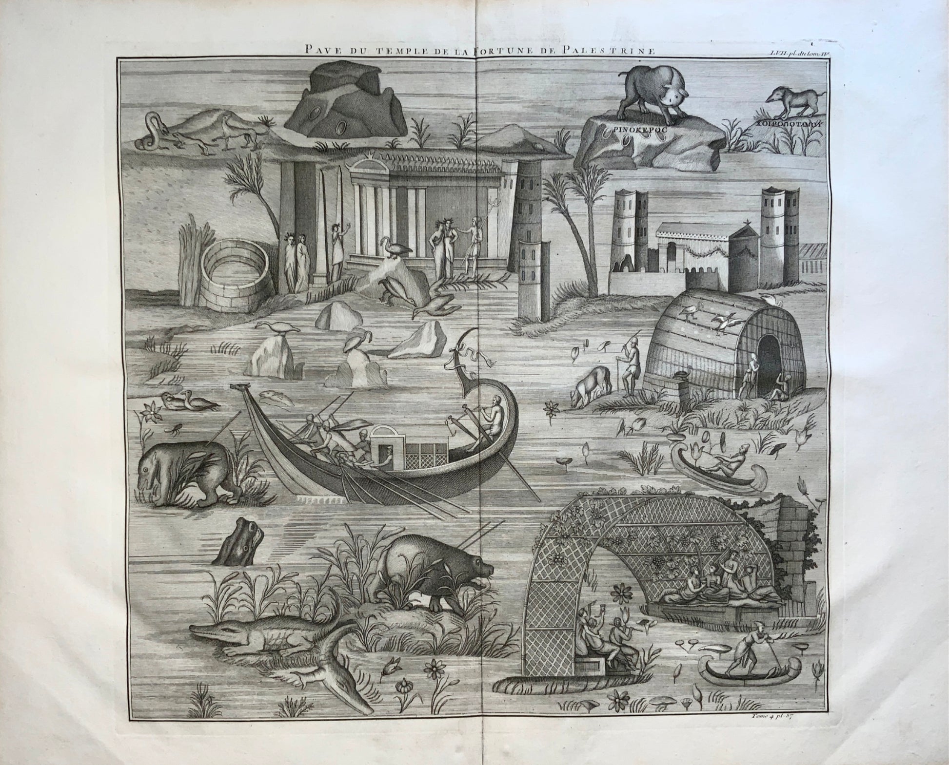 1719 de Montfaucon; MOSAIC Temple of Fortune Palestrine - Large engraving (65cm) - Classical Art