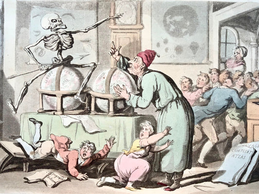 1815 Thomas Rowlandson, Dance of Death, maps, globes, hand coloured aquatint, caricature