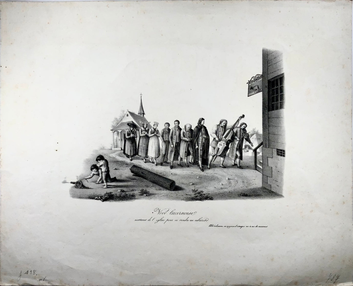 1820 Quitter la chapelle pour le Gasthaus, Lucerne Suisse lithographie 49cm