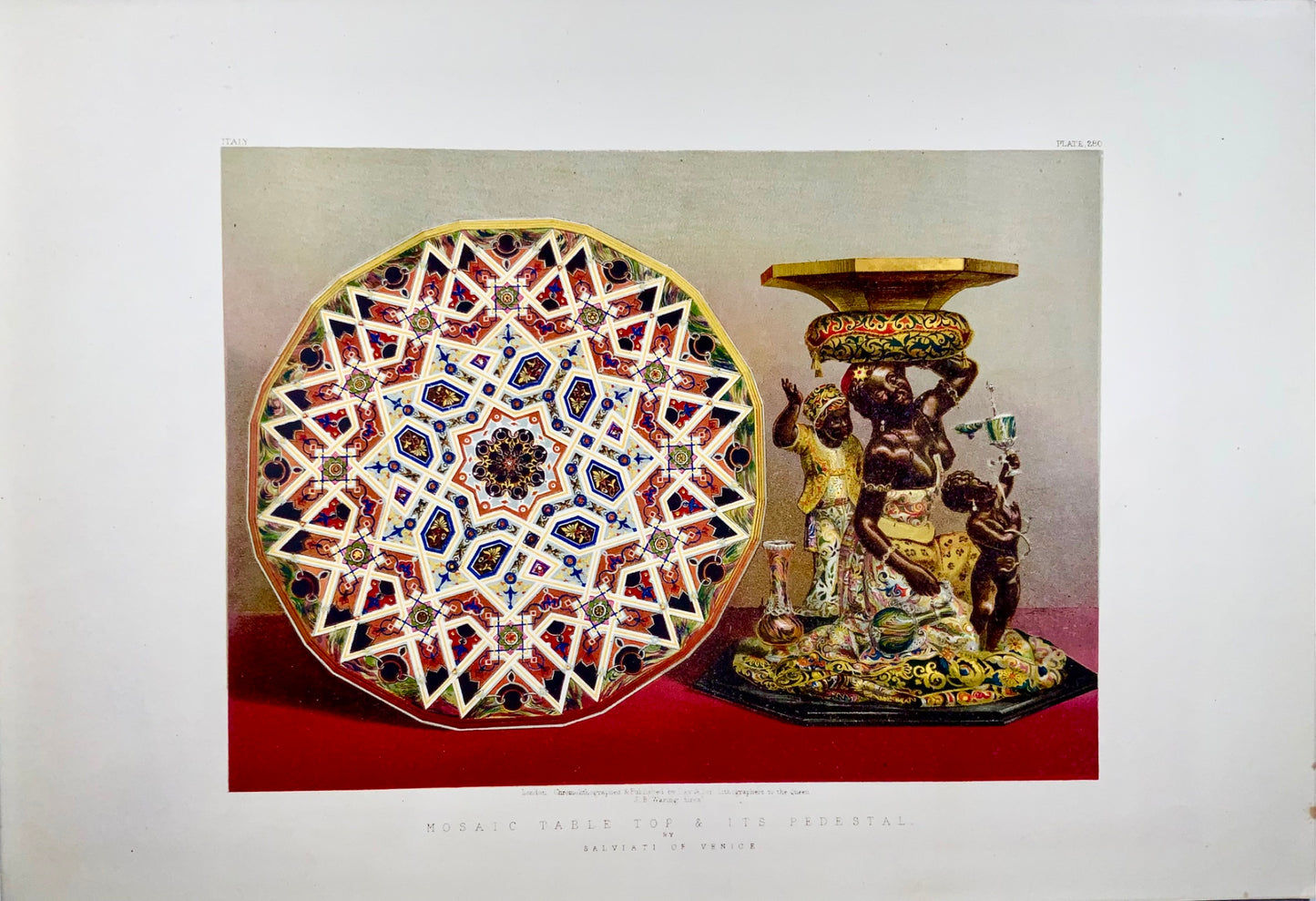 1862 Tavolo in mosaico, piedistallo, Salviati, Waring, foglio grande, cromolitografia, arte, design