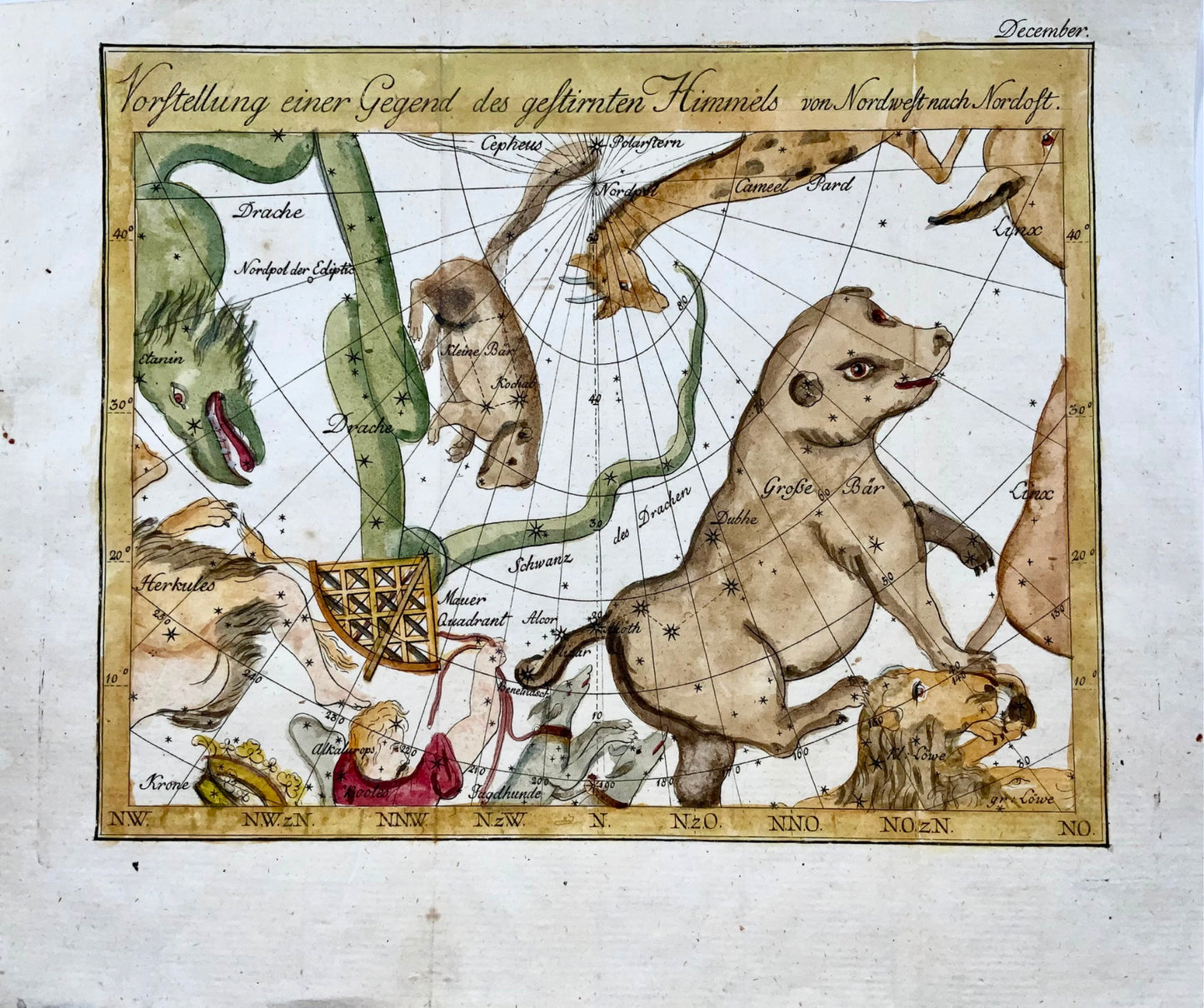 Carte céleste de 1777 vue en décembre, Joh. E. Bode, coloriée à la main, carte 