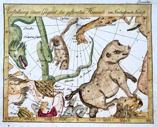 Carte céleste de 1777 vue en décembre, Joh. E. Bode, coloriée à la main, carte 