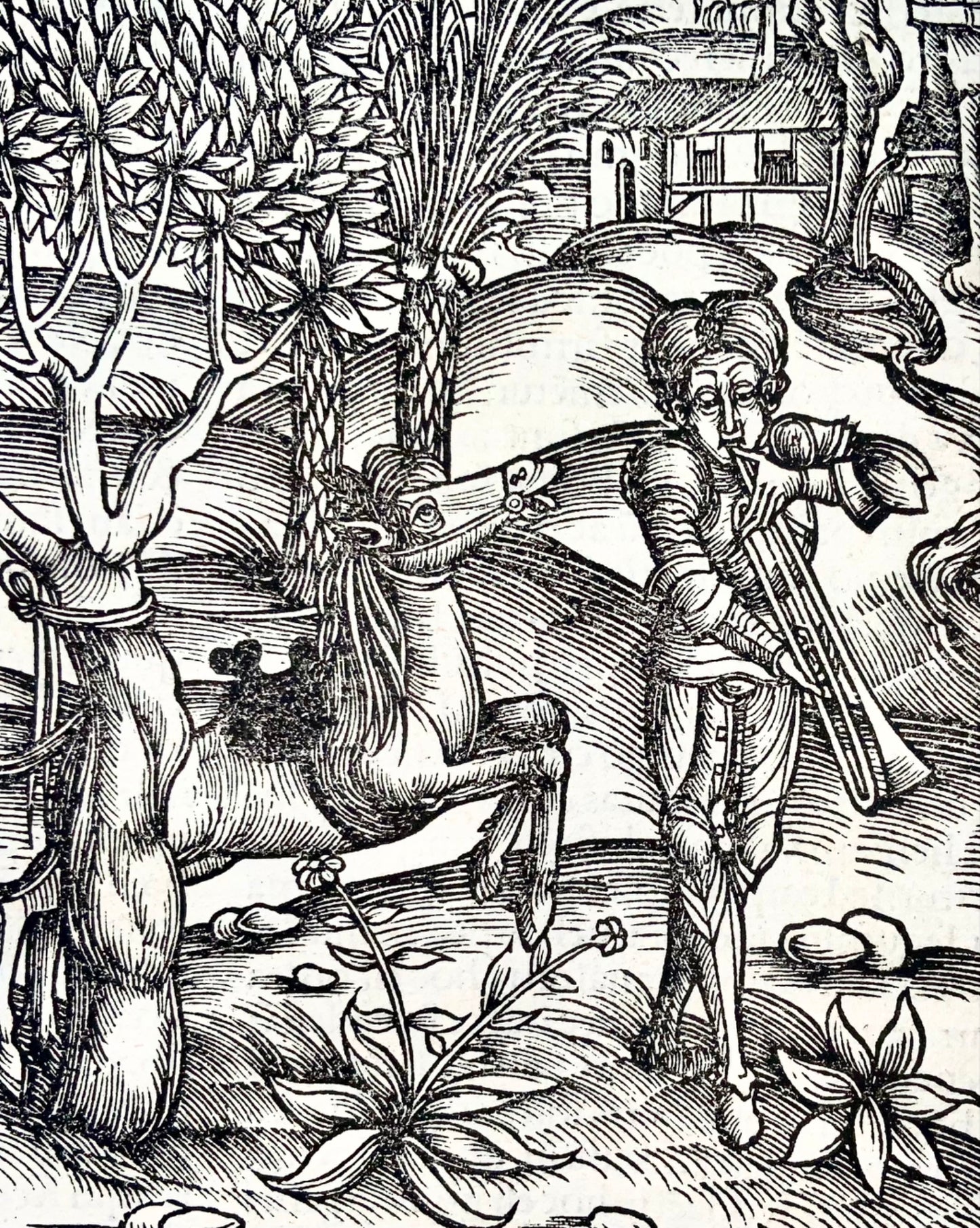 1502 Arcadian scene, trumpet, incunable woodcut, Virgil’s Georgics, agriculture