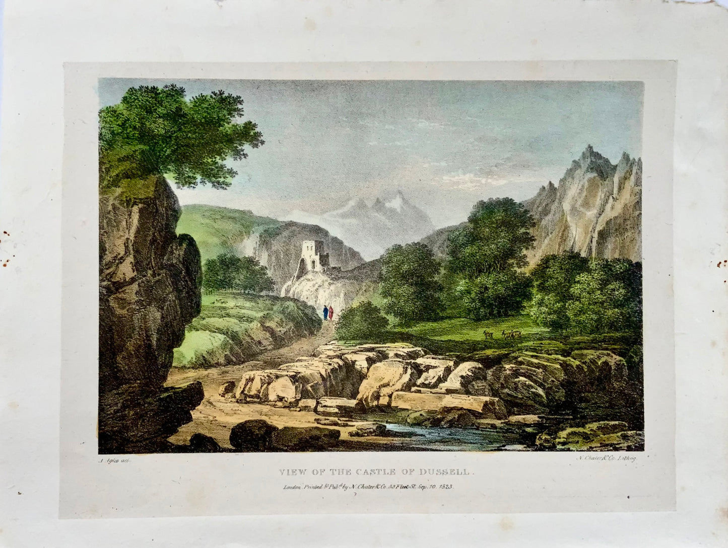 1823 Veduta del Castello di Dussell, Germania, Agostino Aglio, litografia, paesaggio