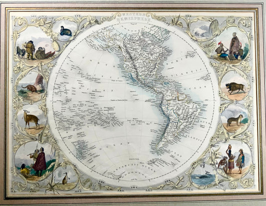1851 America, Western Hemisphere, Tallis, hand coloured, matted map