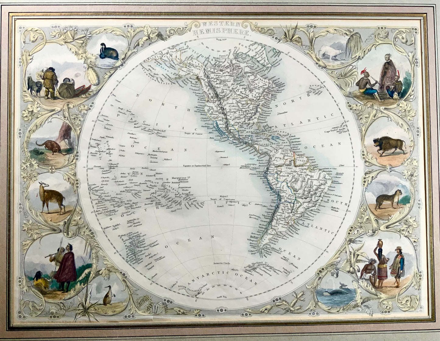 1851 Amérique, hémisphère occidental, Tallis, carte colorée à la main et passe-partout