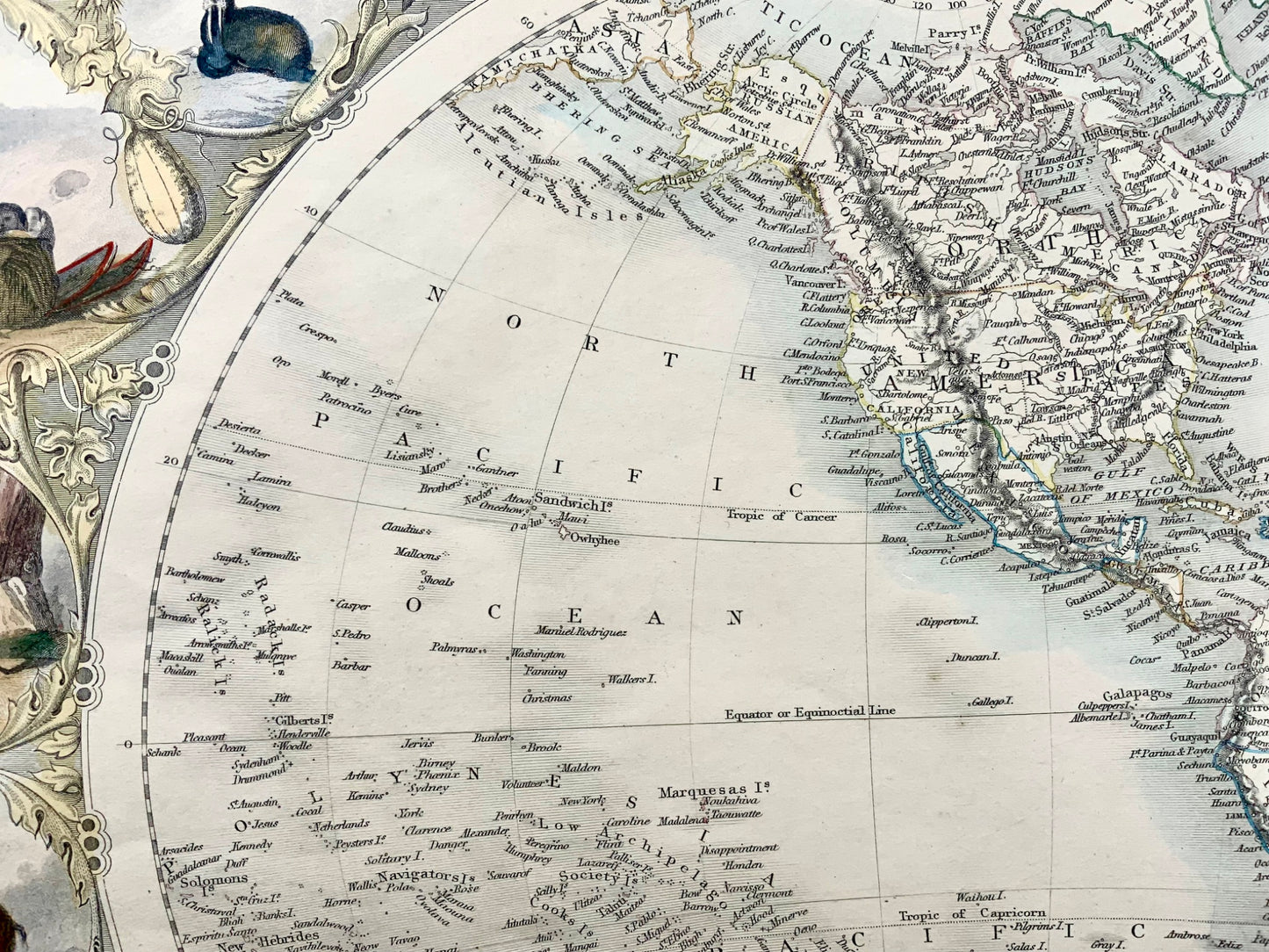 1851 Amérique, hémisphère occidental, Tallis, carte colorée à la main et passe-partout
