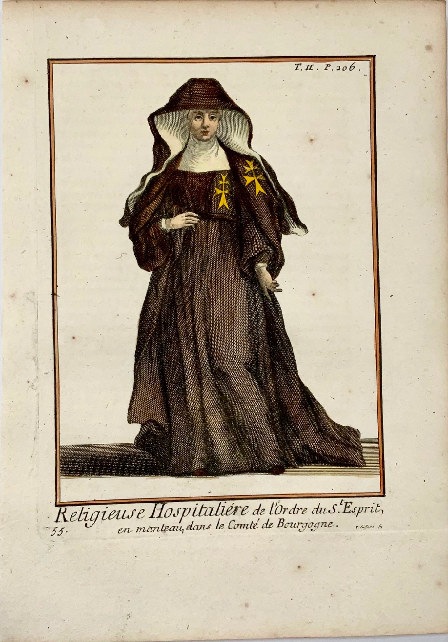 1750c. Religieuse, Hospitalières du Saint-Esprit, gravure coloriée à la main