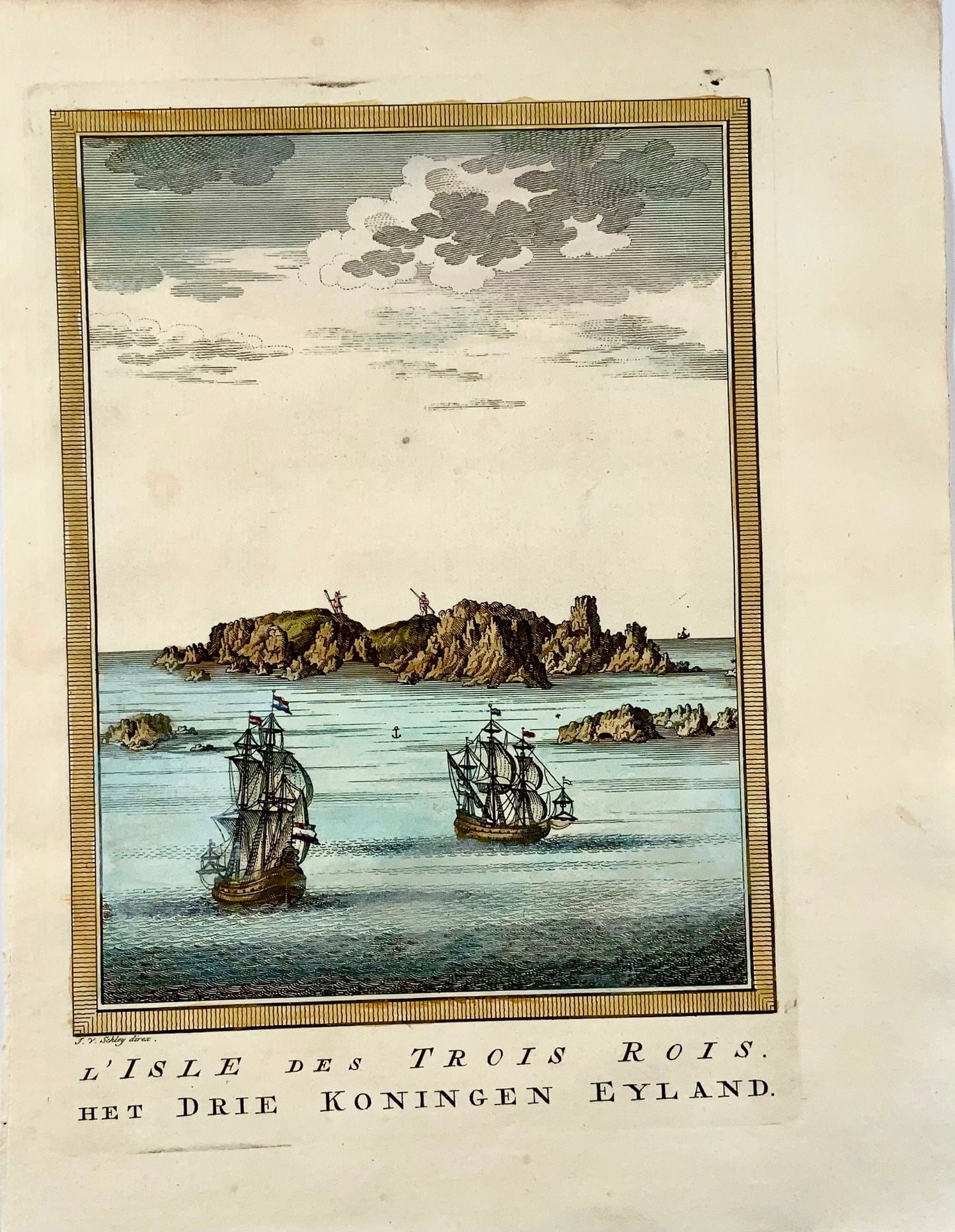 1750 J. Schley, Manawatawh, île des Trois Rois, Nouvelle-Zélande, carte, topographie étrangère