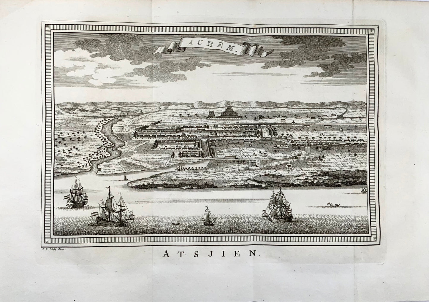 1760 J. van der Schley, Kutaraja (Banda Aceh), Indonésie, vue panoramique, carte