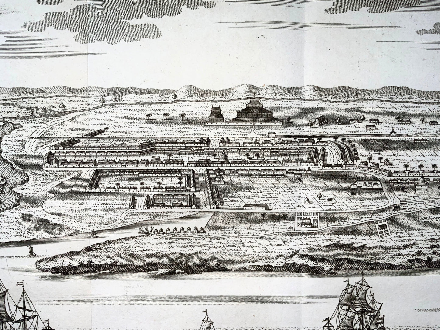 1760 J. van der Schley, Kutaraja (Banda Aceh), Indonesia, vista panoramica, mappa